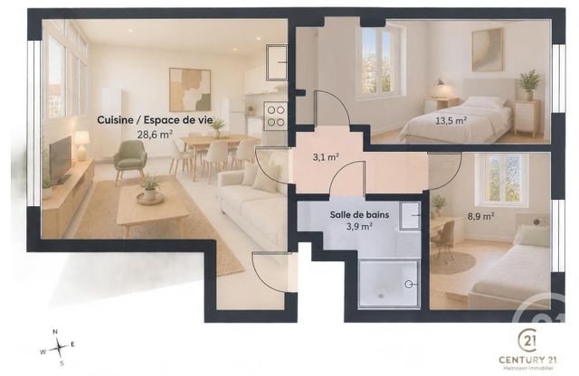Appartement T3 à vendre - 3 pièces - 65.88 m2 - CHARTRES - 28 - CENTRE - Century 21 Maitrejean Immobilier